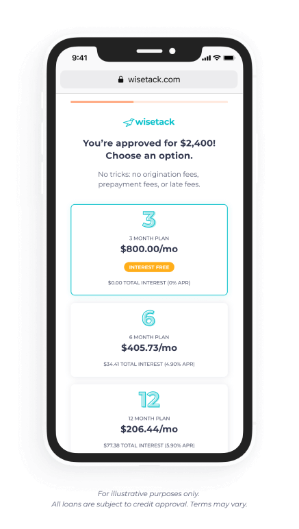Wisetack financing offers shown on a mobile phone